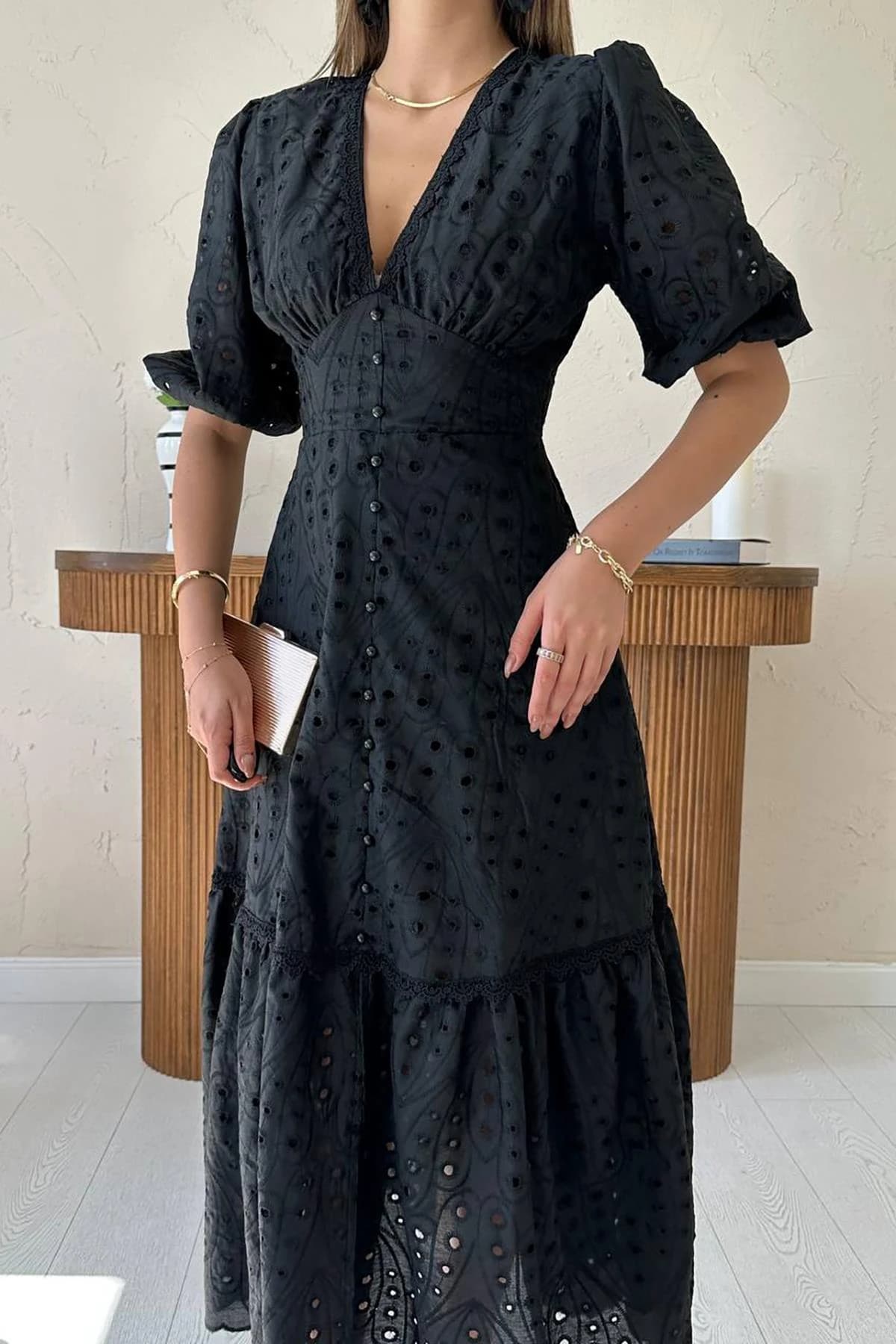 Black Eyelet Midi Dress Button Front V Neck Short Sleeve Summer Dress Cotton Broderie Anglaise