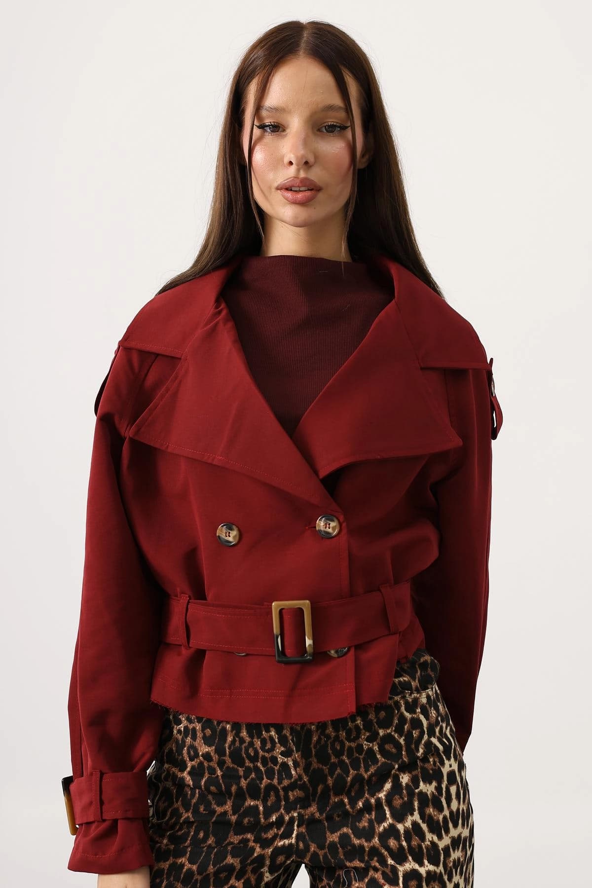 Burgundy Cropped Trench Jacket Belted Double Breasted Short Coat Women's Trench - kart görseli