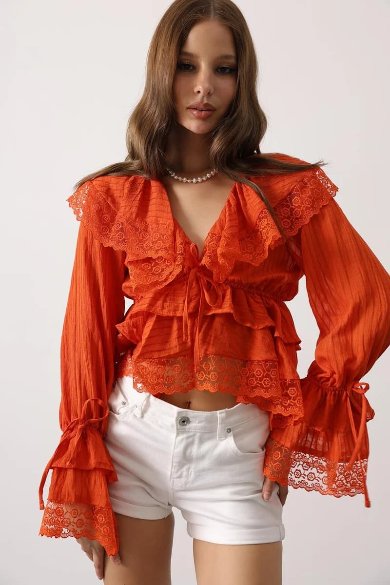 Orange Lace Peasant Blouse Ruffle Sleeves Boho Top Long Sleeve Women Romantic Embroidered Shirt Vintage Style Festival Clothing - kart görseli